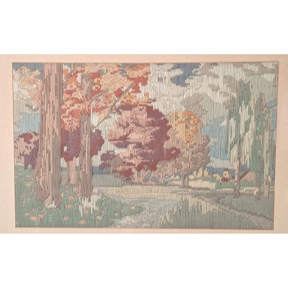 Vintage Handmade Long Stitch Needlepoint Landscape Detailed Wood Frame 18